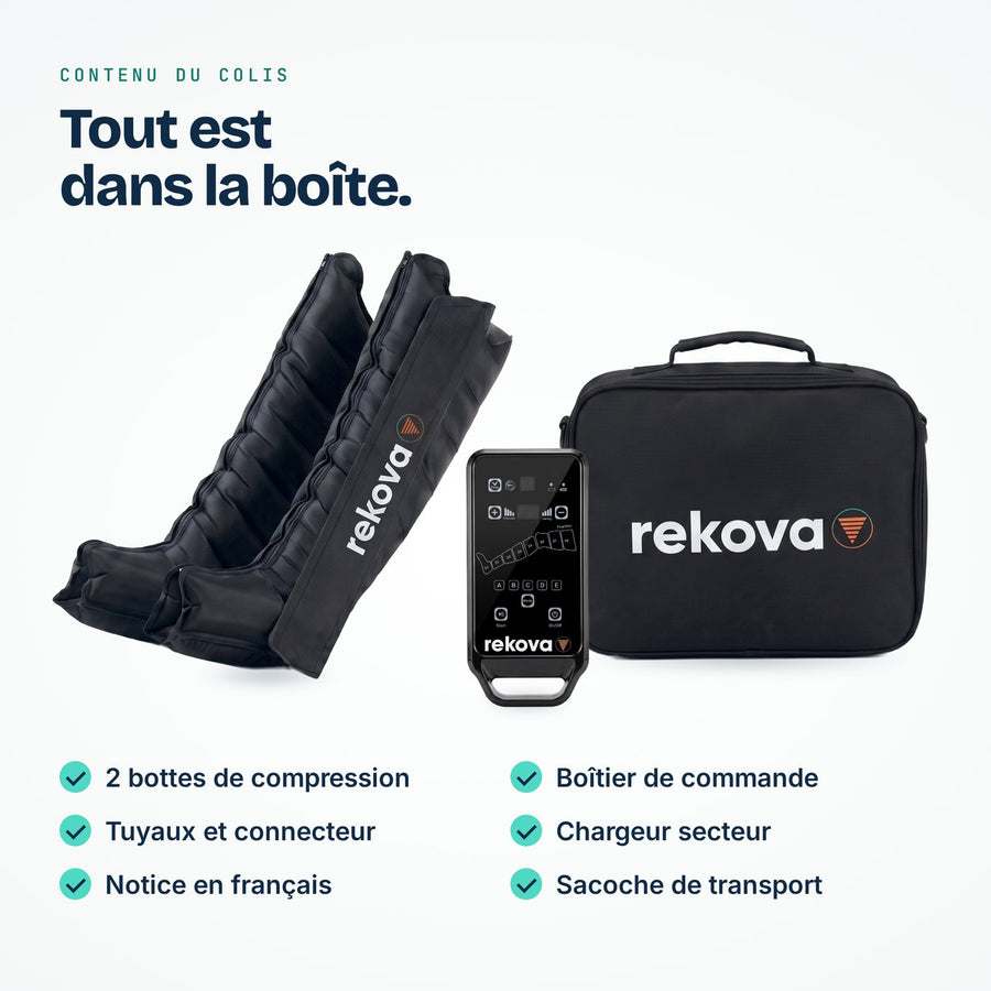 Contenu du colis Rekova One : deux bottes, boîtier de commande, tuyaux et connecteur, chargeur, notice en français et sacoche