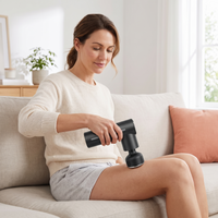 Femme qui utilise le Rekova Pulse sur la cuisse, assise sur un canapé (image générée par IA)